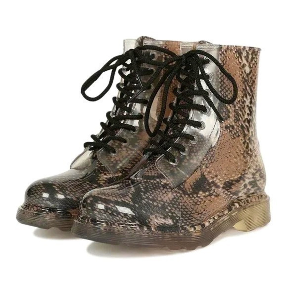 Qupid PVC Leopard Print Rubber Waterproof Jelly‎ Rain Lace Up Booties - Snake